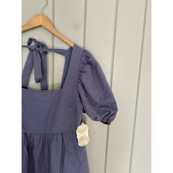 NEW Altar’d State Mini Dress M Medium Gracie Puff Sleeves Denim Blue Tie NEW - Picture 6 of 11